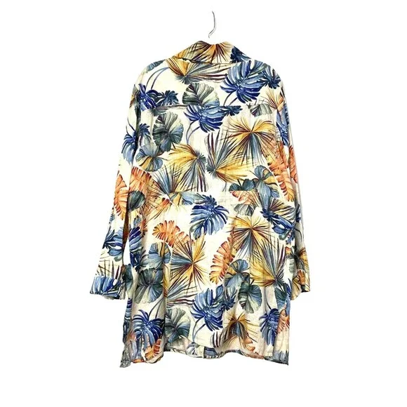 Chico’s Dress Hawaiian Floral Size 3 16/18 Linen Snap Up Pocket Drawstring Slits - Picture 2 of 16